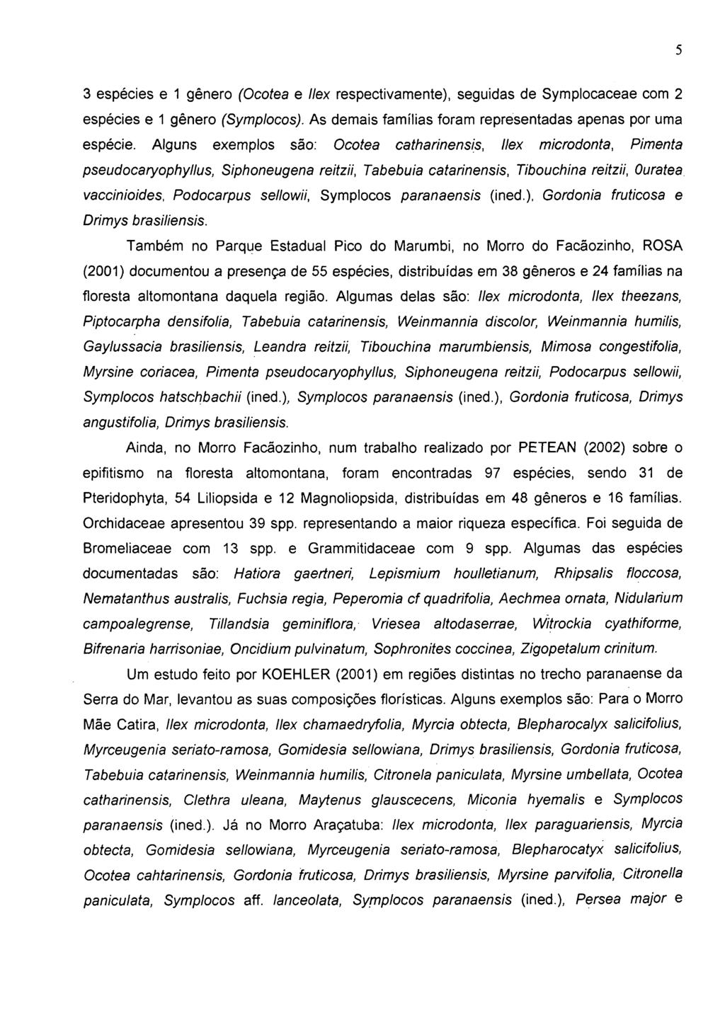 5 3 espécies e 1 gênero (Ocotea e llex respectivamente), seguidas de Symplocaceae com 2 espécies e 1 gênero (Symplocos). As demais famílias foram representadas apenas por uma espécie.