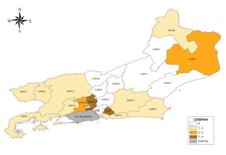 Os cartogramas com informações de ocorrências de vítimas não-fatais por bala perdida nos mostram uma concentração de 79,5% das vítimas em AISP próximas à capital.