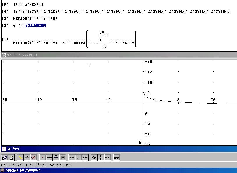 2) Fazer o gráfico da função, verificando o intervalo onde encontra-se a raiz. 3) Implementar o método de Newton, Newton(f,x,x 0,n):=iterate(x-(f / DIF(f,x)),x,x 0,n).