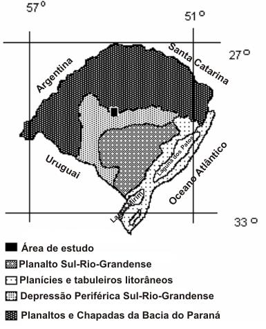 Figura 1 Localização da área de estudo no Estado do Rio Grande do Sul em relação à classificação geomorfológica proposta por Ross (2005). Fonte: Ross (2005).