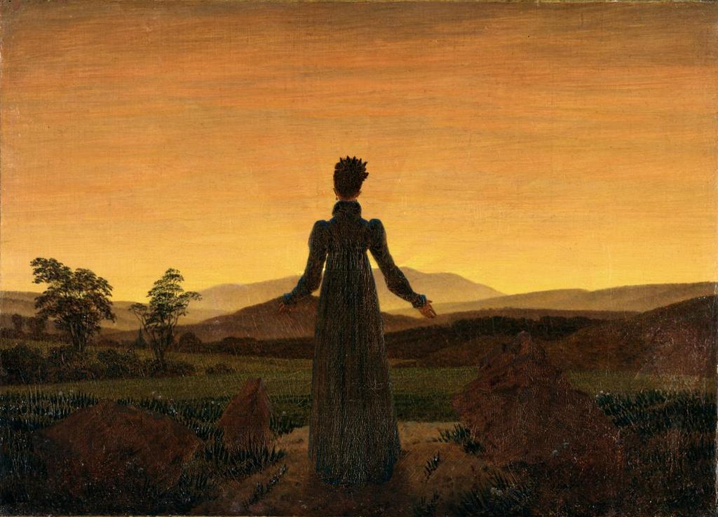 Nesta obra, uma figura feminina surge como uma silhueta em contraluz ao amanhecer. No horizonte, os primeiros raios de luz erguem-se difusos, delineando os contornos das montanhas.