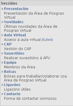 Imaxe 1: cadro seccións APV Unha vez que se atopa na páxina de presentación de Bubela, o modo de entrar na aula