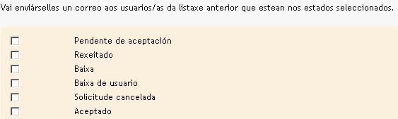 Imaxe 9: cadro do proceso de preinscrición do usuario/a Aquí pode consultar o estado actual da preinscrición dese usuario/a (aceptado, pendente, rexeitado, baixa...) e dalo de baixa se o desexa.