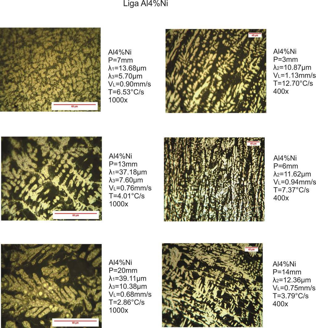 Figura 5.14 - Microestruturas apresentadas pela liga Al4%Ni com aumento de 400x e 1000x. Barra de 60µm.