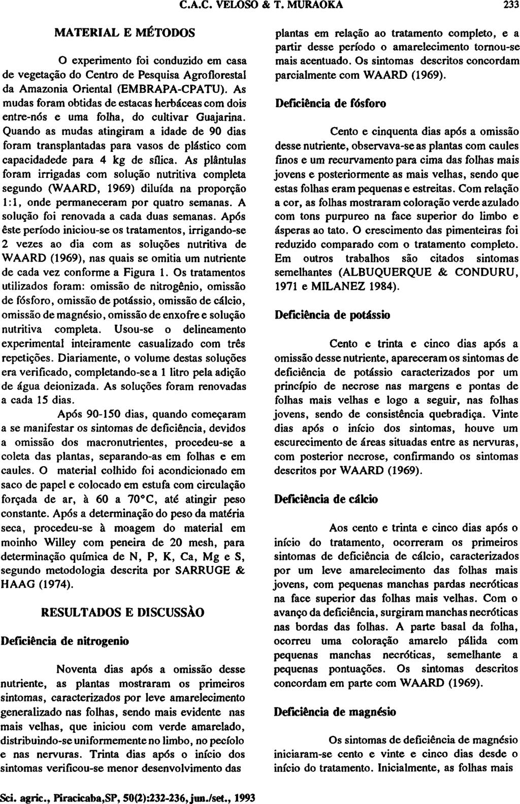 MATERIAL E MÉTODOS O experimento foi conduzido em casa de vegetação do Centro de Pesquisa Agroflorestal da Amazônia Oriental (EMBRAPA-CPATU).