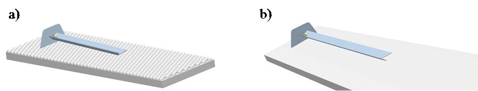 Figura 3.13: Simulação do aparato experimental para medição do coeficiente de atrito de rolamento a) partícula-partícula; b) partícula-parede.