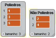 Poliedros contendo os números correspondentes às fantasias do ator sólido que não são poliedros, e uma lista denominada Poliedro contendo os números correspondentes às fantasias do ator sólido que