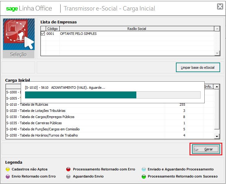 Se não houver problema de diagnóstico, ou seja, não houver cadastros com campos não preenchidos ou inconsistências, ao acionar o botão Gerar, o processo será iniciado.