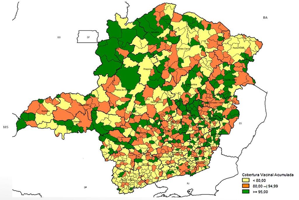Figura 4 - Cobertura vacinal acumulada (2007 a 2017) de febre amarela segundo município de vacinação Minas Gerais, 2017. Fonte: http://pni.datasus.gov.
