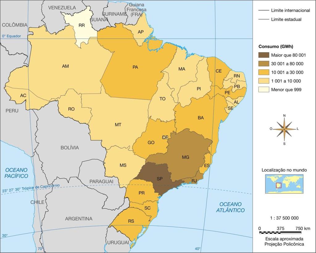 No Brasil, o consumo de energia elétrica pela população, pelas indústrias e pelos estabelecimentos comerciais ocorre de modo muito diverso em cada região do país. Analise o mapa abaixo.