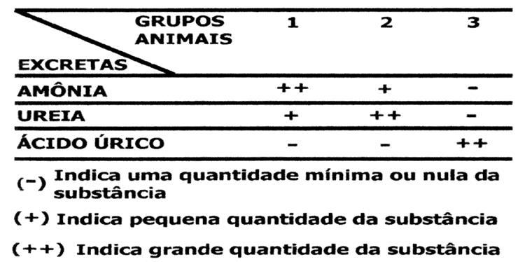 c) Ácido pirúvico. d) Gás carbônico. 13. (COVEST) Os dados obtidos, a partir da análise dos excretas nitrogenados presentes na urina de três grupos de animais, são mostrados na tabela abaixo.