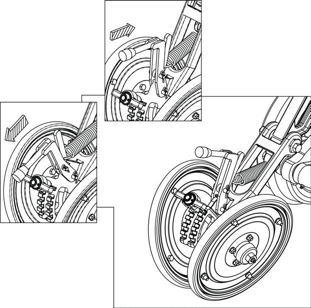 Para regular o ângulo maior ou menor de fechamento das rodas compactadoras em V (), puxe a alavanca () para cima, desloque o regulador () até o ponto desejado, depois abaixe a alavanca ()