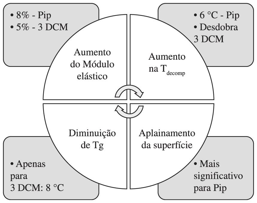 Resumo das variações observadas nas propriedades dos sistemas epoxídicos após irradiação com 50 kgy de radiação gama. (Onde está indicado Pip ou 3DCM entenda-se: sistema epoxídico com Pip ou 3DCM).