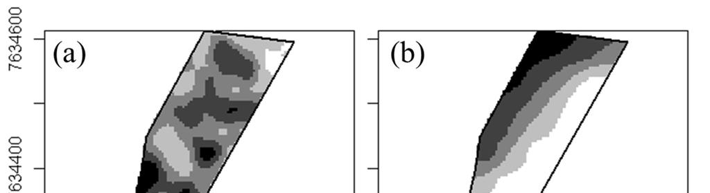 Figura 4. Mapas interpolados por krigagem das variáveis sensor de dossel (a) e teor de argila do solo (b).