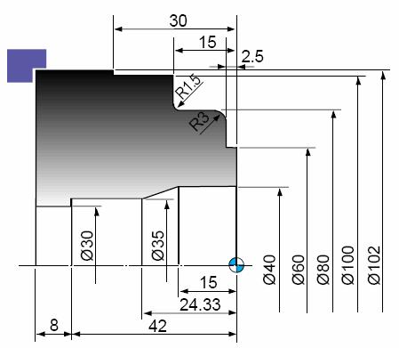 Exemplo com G1 / G2 / G3 O0000: N10 ( Ø 30 Broca ) G00 U2.0 Z-1.0 G00 X60. Z3.0 G50 T0200 G01 X60.5 F0.23 G42 Z1.0 G97 S2500 M03 G00 X82.0 W1.0 G01 Z-2.5 F0.2 G00 X0 Z5.0 T0202 M08 Z-2.4 X74.