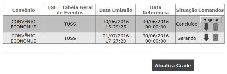 Clique em Atualizar a Grade para verificar a situação do relatório. Quando o processamento terminar o campo Situação vai mudar para o status de concluído, clique na seta para abrir o relatório.