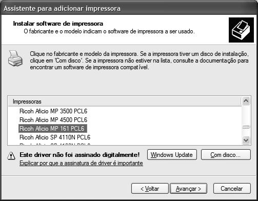 17- Será exibida uma lista contendo todos os modelos da Ricoh que suportam o Mini Driver, selecione o Ricoh Aficio MP 161