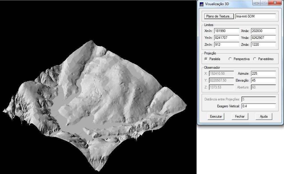 Exercício 10 - Visualização de Imagem em 3D A visualização 3D foi gerada pela projeção geométrica planar de uma grade regular de relevo com textura definida pelos dados de uma imagem de textura ( PI