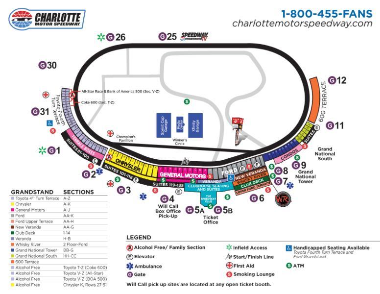 Layout completo do Charlotte Motor Speedway Traçado do quad oval de Charlotte, utilizado pelas principais categorias da NASCAR Já o outro circuito, também utilizado pela NASCAR, é um mini oval de