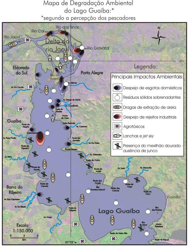 Com o objetivo de se espacializar os principais impactos ambientais atuantes no lago Guaíba, percebidos pelos pescadores da ilha da Pintada, elaborou-se o mapa que aparece na figura 1.