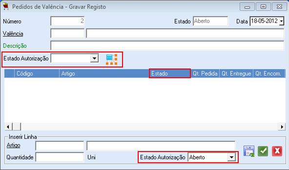 O botão Estado Autorização, fica bloqueado se o parâmetro Utilizar Autorizações nos Pedidos não estiver selecionado ou se o utilizador não tiver