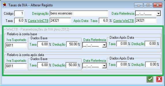 Ao nível da parametrização das contas de IVA foram adicionadas as parametrizações da conta de IVA Suportado e a percentagem de Dedução.