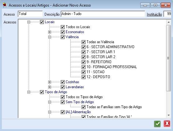 Esta funcionalidade tem por objetivo criar perfis de utilizadores, garantindo assim a restrição de acesso a Locais (Economatos, Valências, Cozinhas e Lavandarias) e/ou Artigos a alguns utilizadores.