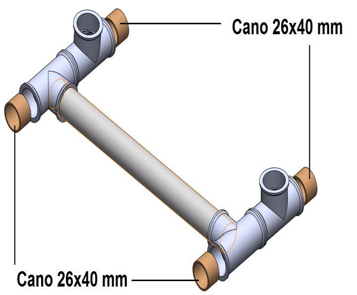 - Passo 3: Junte as 2 conexões T 40 mm com os canos 52X40 mm do conjunto montado no passo 2, como mostrado na figura 20; Com isso, faça o encaixe dos 4 embuchamentos com as 4 conexões "T",