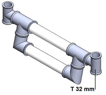 - Passo 7: Junte o cano 434X32 mm do conjunto montado no passo 5 com a conexão T 32 mm, como mostrado na figura 41; - Passo 9: Junte 2 canos de 44X32 mm nas conexões T32 mm, como mostrado na figura