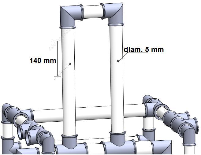 FIXAÇÃO DO ENCOSTO FIXAÇÕES DOS ACESSÓRIOS - Passo 1: Para a fixação do encosto faça um furo passante com a broca de 5 mm, a uma distância de 140 mm da conexão "Joelho 40 mm", nos canos 400X40 mm do