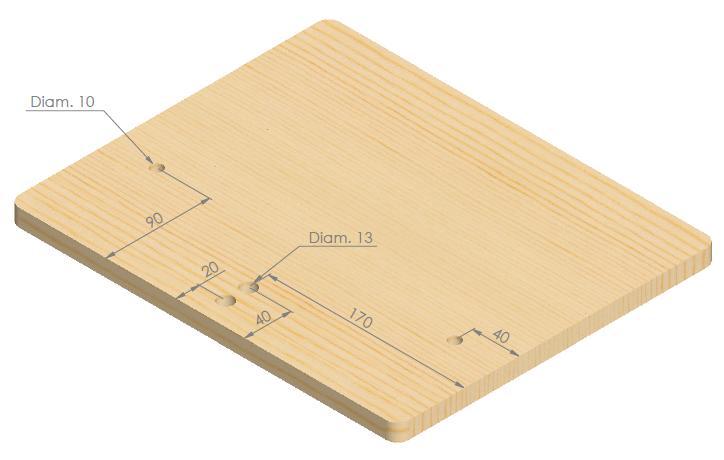 FIXAÇÃO DO ASSENTO - Passo 1: Faça dois furos passantes na chapa de MDF 340X280X15 mm, com