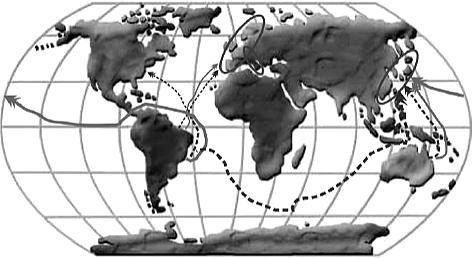 9. (Uema) Observe no mapa os maiores deslocamentos da produção de commodities do globo.