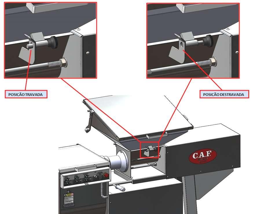 (Fig. 9) - Posição do travamento da Caçamba do Acoplamento. 13. HIGIENIZAÇÃO Atenção: Para realizar a limpeza da máquina, primeiro desligue-a da rede elétrica.