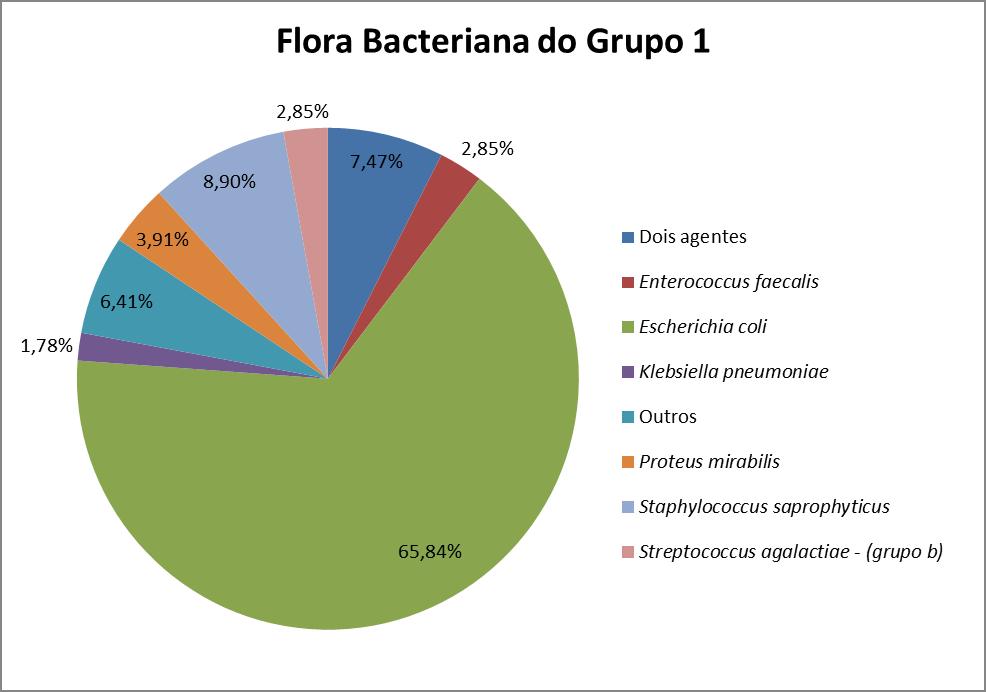 21 Gráfico 1 Flora bacteriana do grupo 1 4.2.2 Flora bacteriana no grupo 2 No grupo 2, podemos identificar a predominância de E. coli, seguida de E. faecalis e K. pneumoniae.