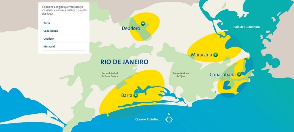 REGIÕES OLÍMPICAS E PARALÍMPICAS Para os Jogos Rio 2016, foram estabelecidos quatro regiões na cidade do Rio de Janeiro, são eles: Barra da Tijuca, Copacabana, Deodoro e Maracanã.