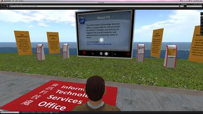 Ao teletransportar o avatar para o espaço virtual da instituição foram identificados diversos prédios simulando espaços da universidade: biblioteca, auditório, salas de aula, etc.