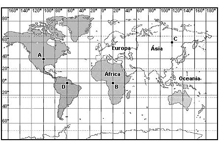 7. (G1 - cftmg) Sobre a localização de diversos pontos da superfície terrestre, representados no mapa, é correto afirmar que a) o ponto D se localiza na região equatorial e possui 4 horas atrasadas