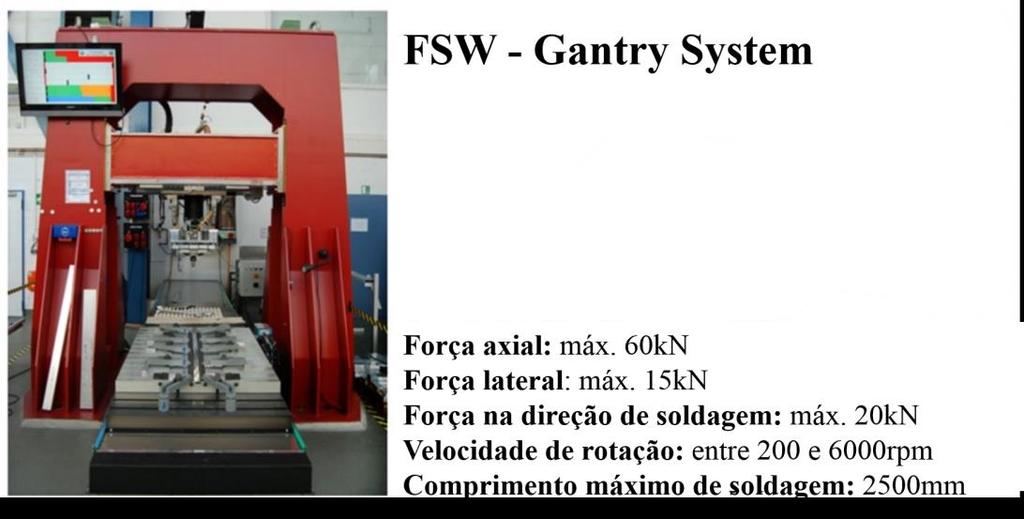 Figura 12. Máquina de SALM - FSW Gantry System 4.2.2 Procedimento de Soldagem em TWB As soldas nas três configurações propostas foram produzidas em chapas de 1000mm de comprimento por 150mm de largura e espessuras de 6 e 8mm.