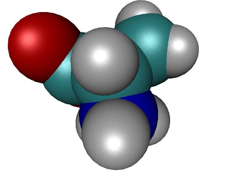Programa: asa1.py Abaixo temos a representação de van der Waals do aminoácido alanina, onde os átomos são desenhados como esferas com o raio de van der Waals.