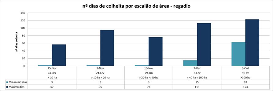Fig.61:Nº de dias de colheita por escalão de área - regadio Quadro 20: Datas e Nº de dias de colheita - regadio Tendo em conta os dados disponíveis, os olivais explorados em regadio iniciaram a