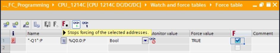 fi O forçamento é ativado e o MAINT-LED amarelo na CPU acende. Adicionalmente no lado direito superior do display da S7-1200 é exibido um F com um fundo vermelho.