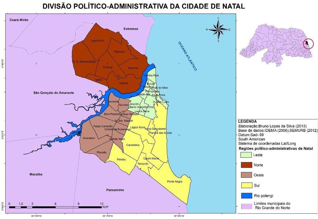 Mapa 1: Divisão político-administrativa de Natal Fonte: Elaborado por Silva (2013) com base na Secretaria Municipal de Meio Ambiente e Urbanismo (2013) As regiões político-administrativas de Natal,