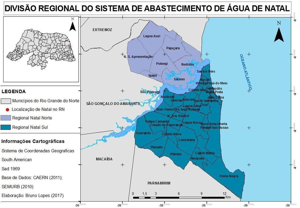 Mapa 2: Divisão regional do sistema de abastecimento de água de Natal Fonte: Elaborado por Silva (2013) com base na Companhia de Águas e Esgotos do Rio Grande do Norte (2011) Destaca-se que o