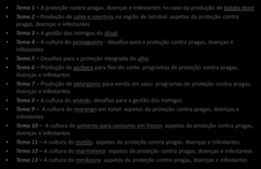 Temas para o Trabalho de Grupo sugestões Protecção de Culturas 2015/2016 Tema 1 A proteção contra pragas, doenças e infestantes no caso da produção de batata-doce Tema 2 Produção de salsa e coentros