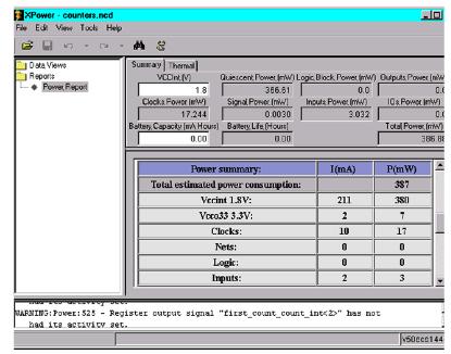 Xpower Report -The first displays the the design name, the device series, the package name, the VCCInt, the default extension load, and the data version.