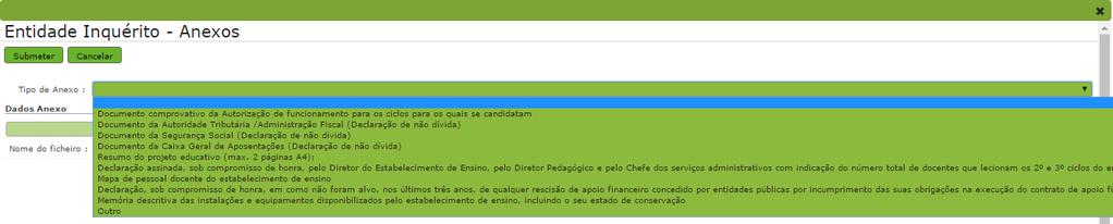 Imagem 12 Documentos obrigatórios Para proceder ao upload de documentos deve carregar no botão A aplicação irá abrir uma janela onde deverá selecionar o tipo de documento que pretende anexar.