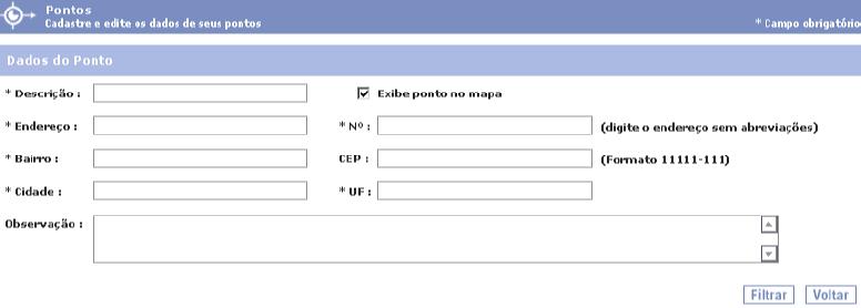 Para cadastrar um novo ponto de referência, clique em incluir e preencha os