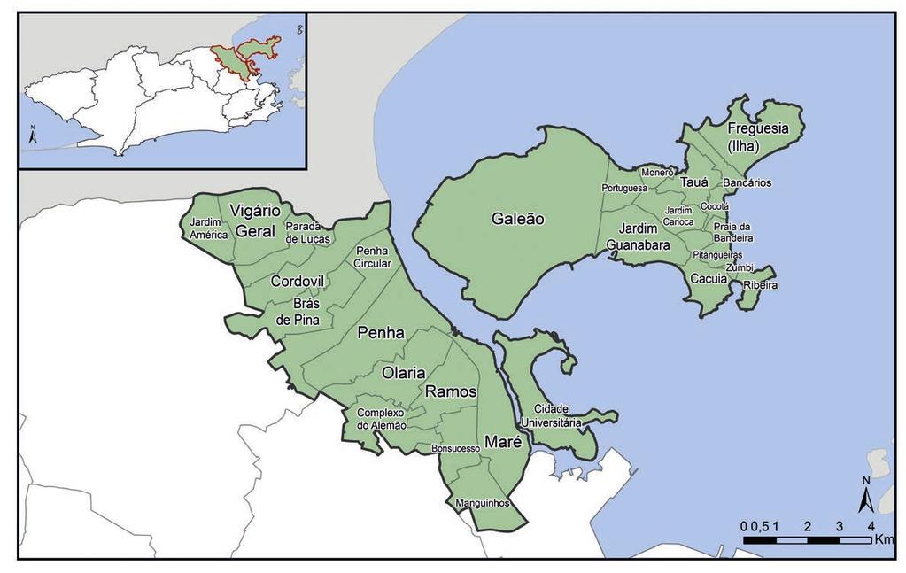 AP 3.1 Bairros: Manguinhos, Bonsucesso, Ramos, Olaria, Penha, Penha Circular, Brás de Pina, Cordovil, Parada de Lucas, Vigário Geral, Jardim América, Complexo do Alemão, Maré, Ribeira, Zumbi, Cacuia,