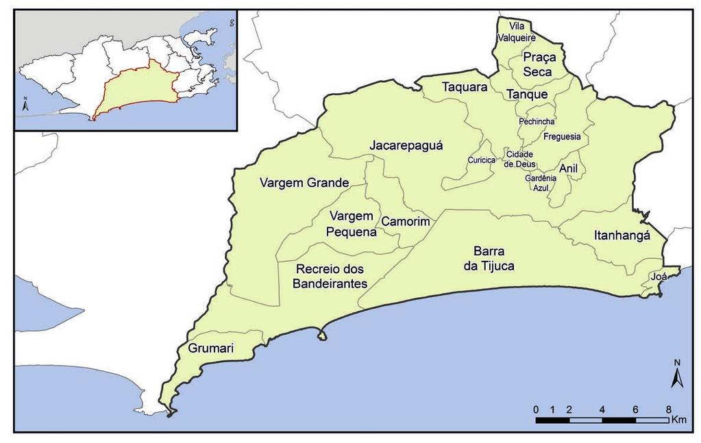 AP 4.0 Bairros: Jacarepaguá, Anil, Gardênia Azul, Cidade de Deus, Curicica, Freguesia (Jacarepaguá), Pechincha, Taquara, Tanque, Praça Seca, Vila Valqueire, Joá, Itanhangá, Barra da Tijuca, Camorim,