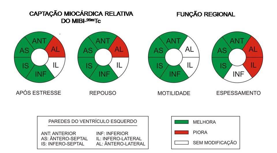 43 Figura 13 Mudanças ocorridas após a terapia de ressincronização cardíaca, sobre a captação miocárdica relativa de MIBI- 99m Tc, motilidade e espessamento nas paredes do ventrículo esquerdo,